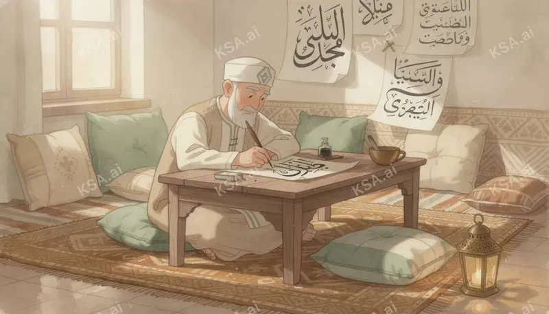 Arabic calligrapher at his work desk