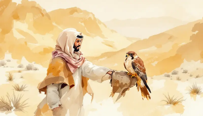 Watercolor of a Man Holding a Falcon on a Gloved Hand in the Desert