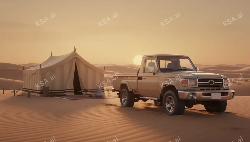 sand-colored Toyota Land Cruiser 70-series pickup parked…