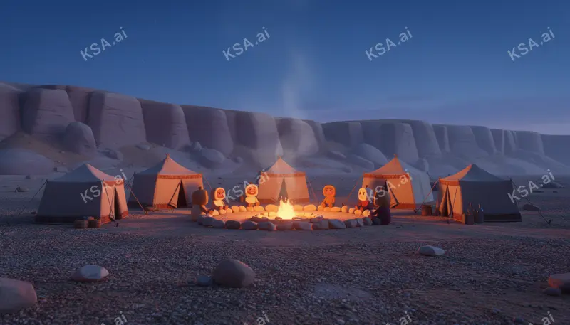 small bedouin tent encampment with a glowing campfire ring…