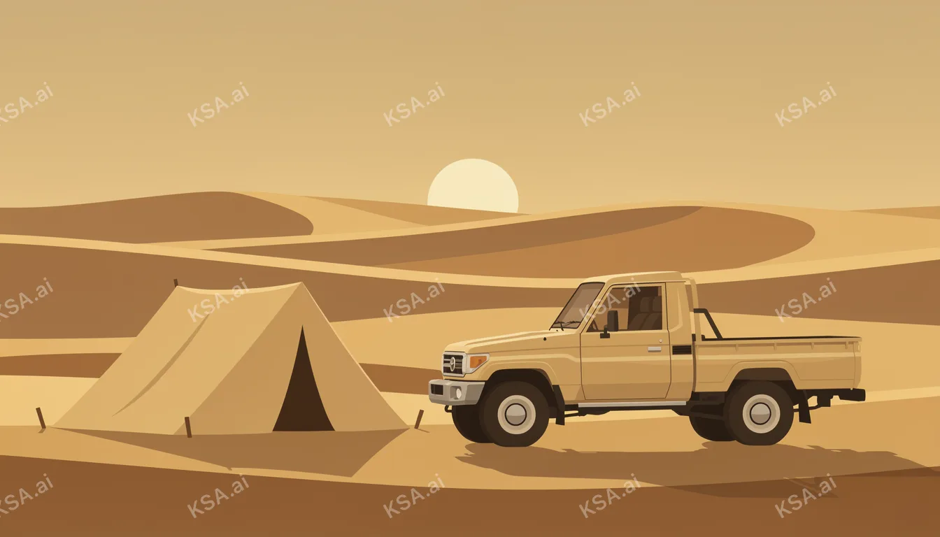 sand-colored Toyota Land Cruiser 70-series pickup parked…