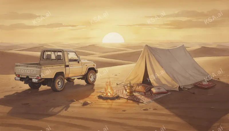 sand-colored Toyota Land Cruiser 70-series pickup parked…