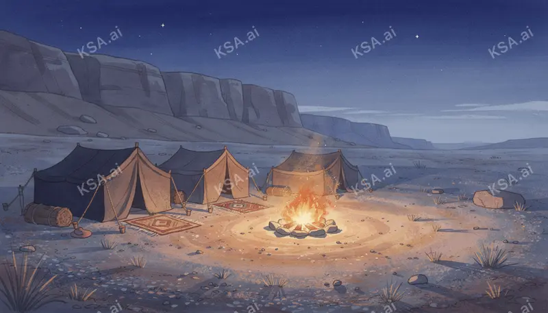 small bedouin tent encampment with a glowing campfire ring…