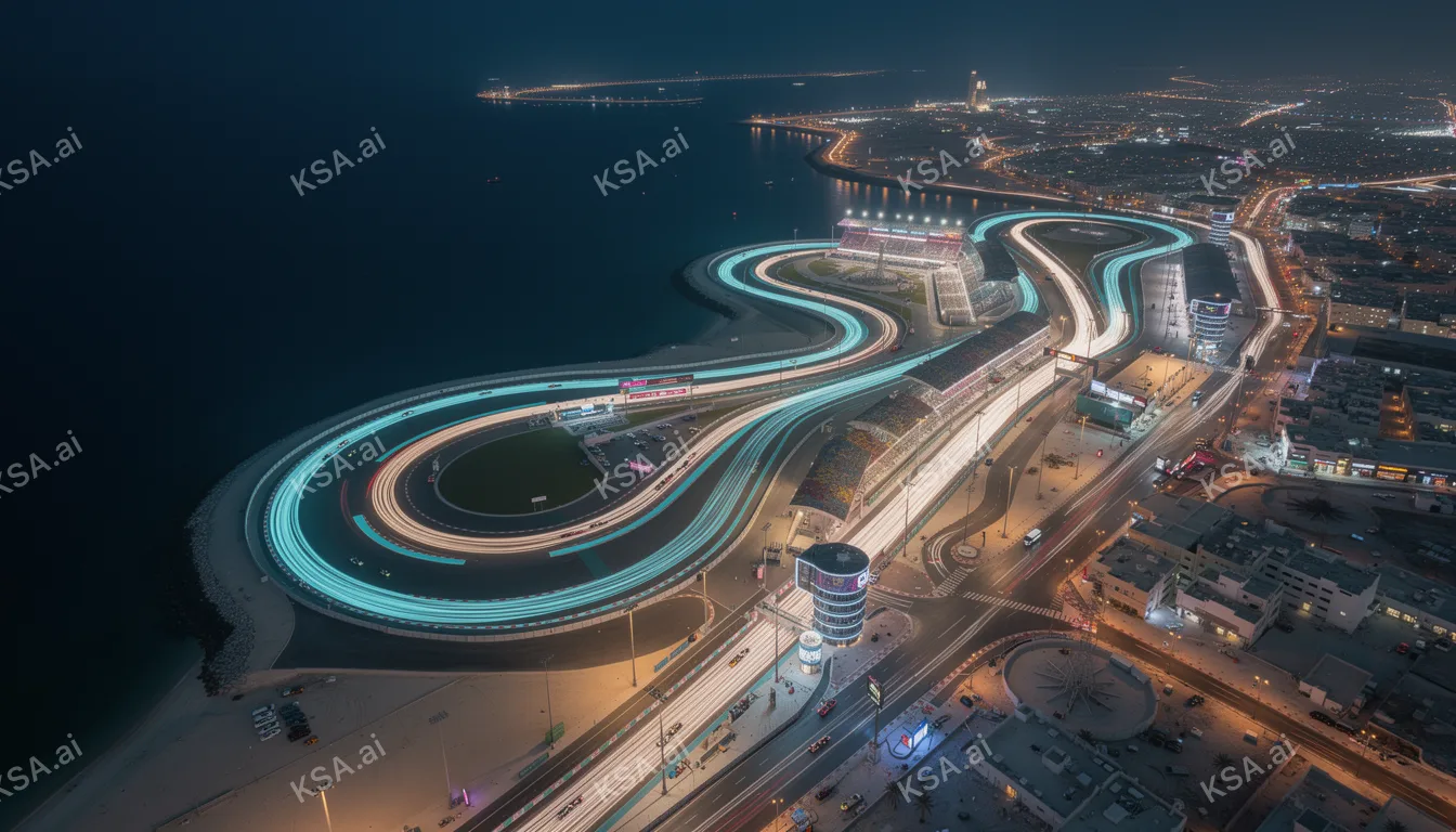 F1 Saudi Arabian Grand Prix night race lights streaking…
