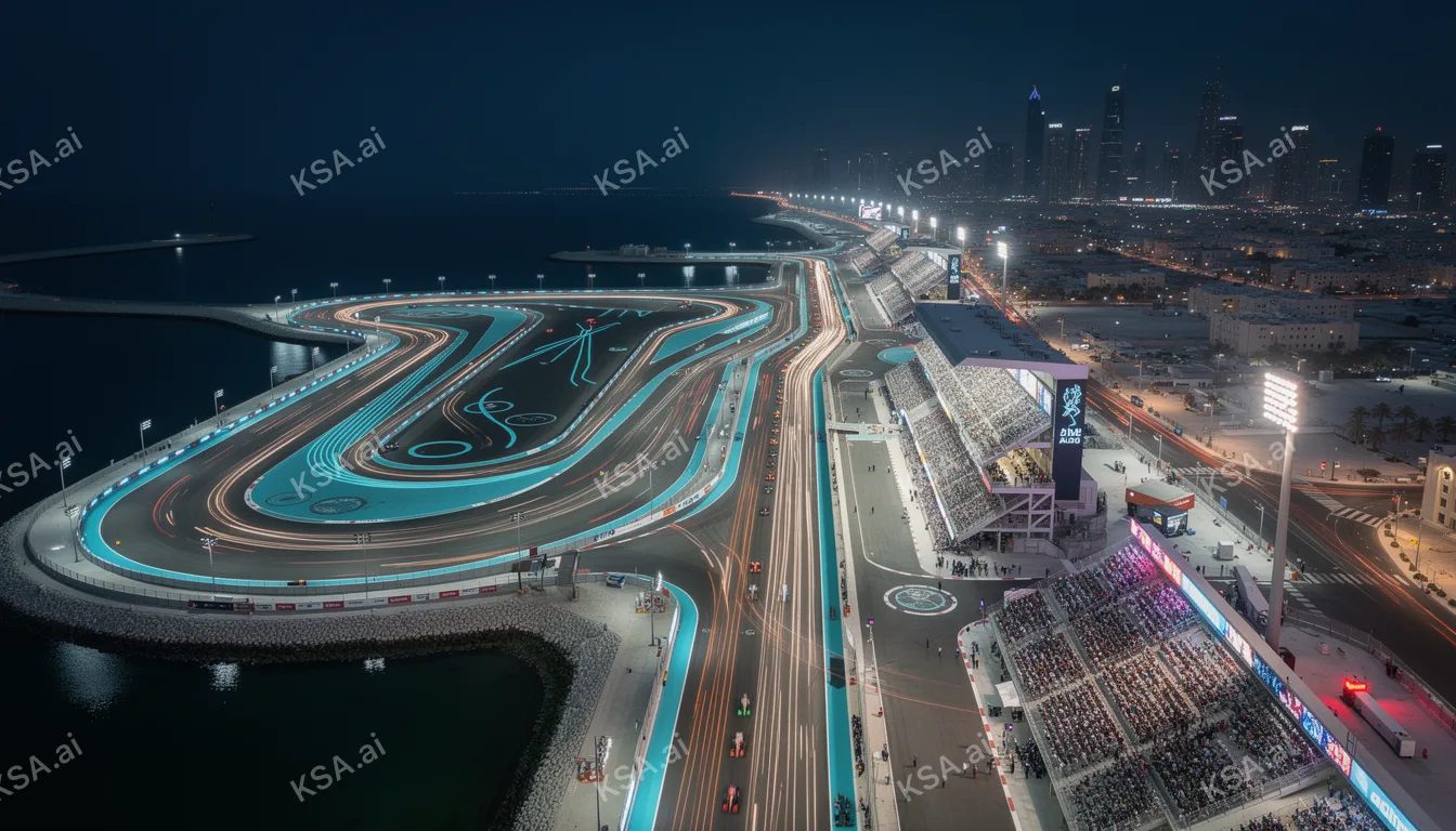 F1 Saudi Arabian Grand Prix night race lights streaking…