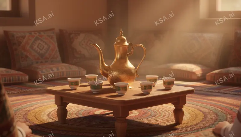 Saudi coffee ceremony with a brass dallah and small fenjan…