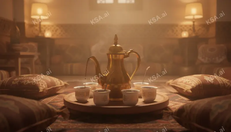 Saudi coffee ceremony with a brass dallah and small fenjan…
