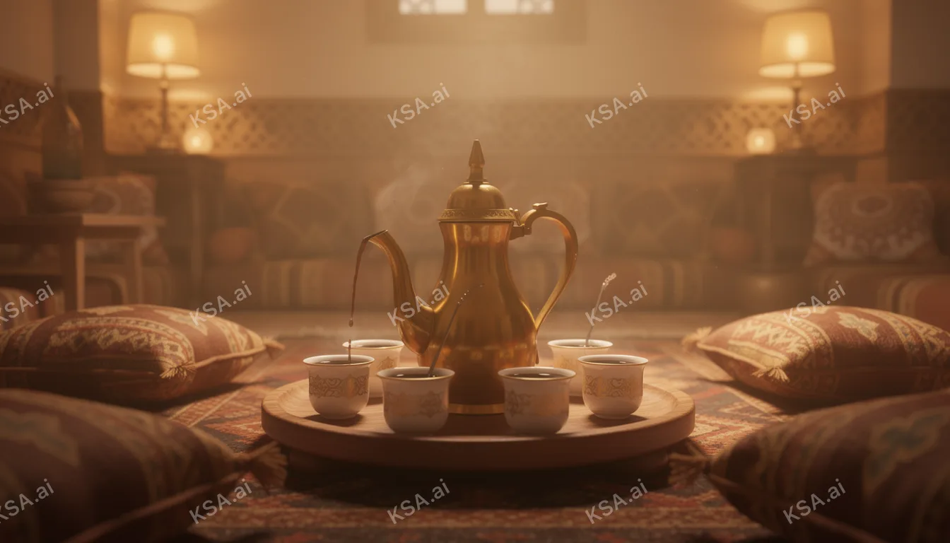 Saudi coffee ceremony with a brass dallah and small fenjan…