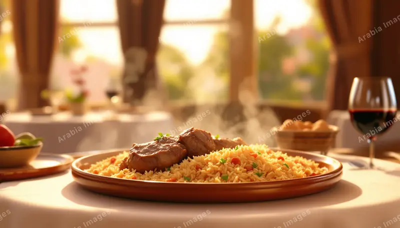 3D Cartoon Plate of Spiced Rice and Braised Meat by a Sunny Window