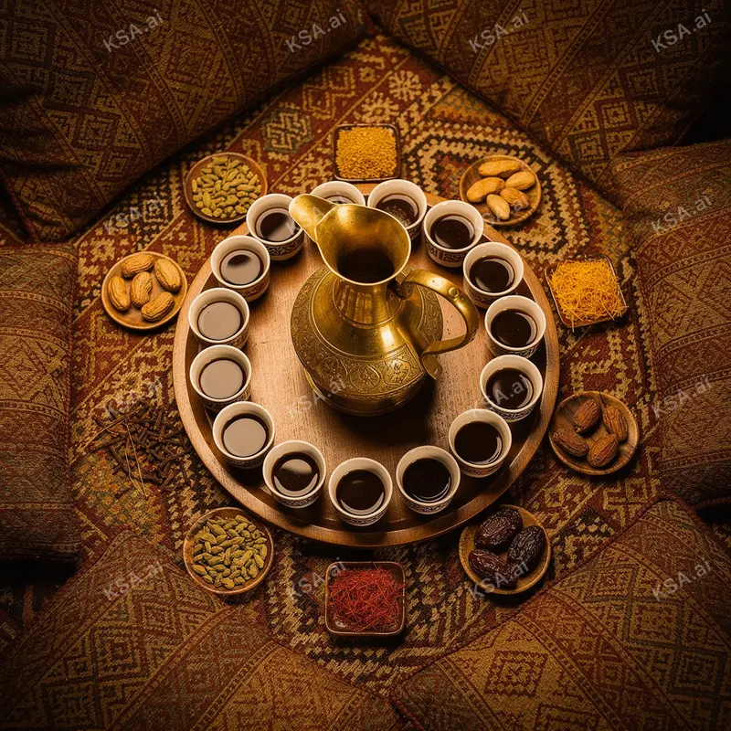 Saudi coffee ceremony with a brass dallah and small fenjan…