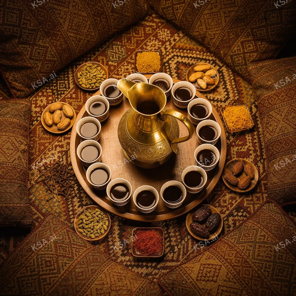 Saudi coffee ceremony with a brass dallah and small fenjan…