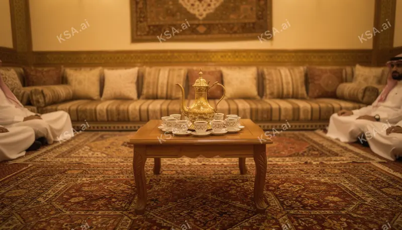 Saudi coffee ceremony with a brass dallah and small fenjan…
