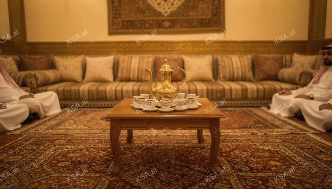 Saudi coffee ceremony with a brass dallah and small fenjan…