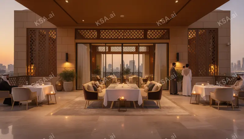 luxury Saudi hotel suite interior في golden hour