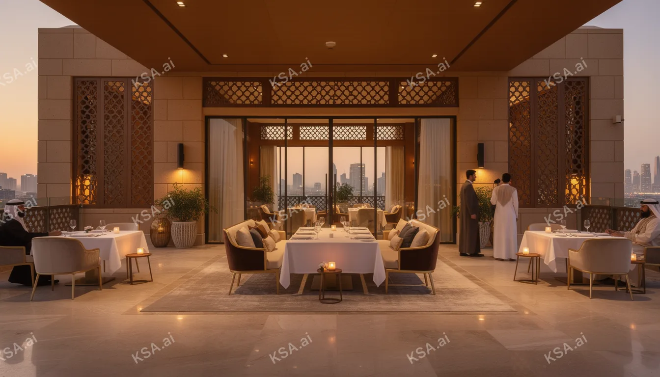 luxury Saudi hotel suite interior في golden hour