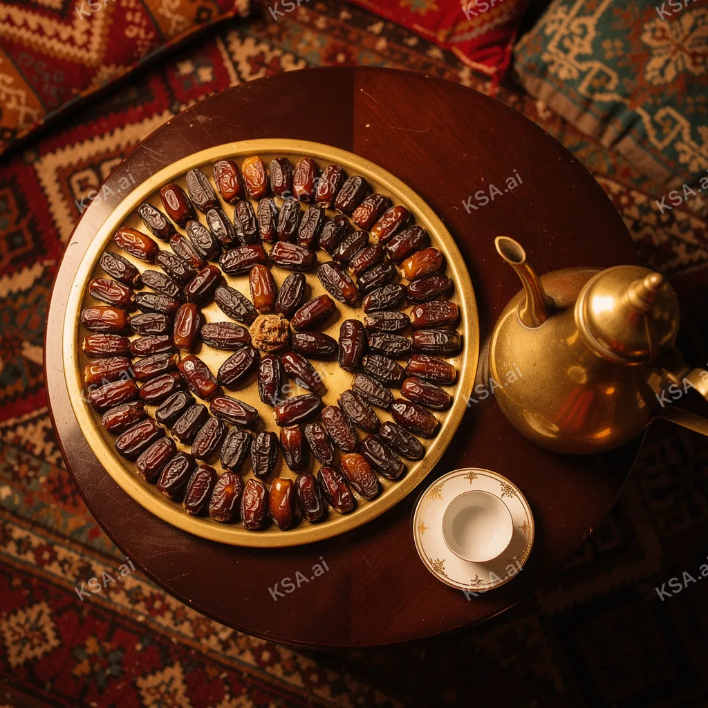 Saudi coffee ceremony with a brass dallah and small fenjan…
