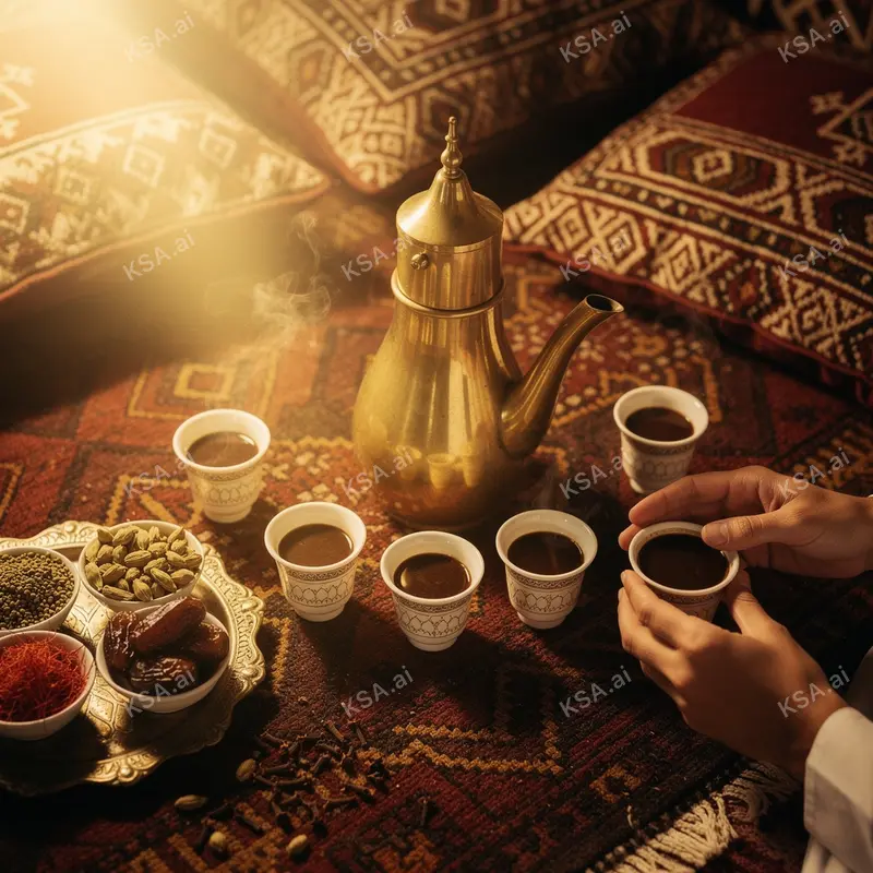 Saudi coffee ceremony with a brass dallah and small fenjan…