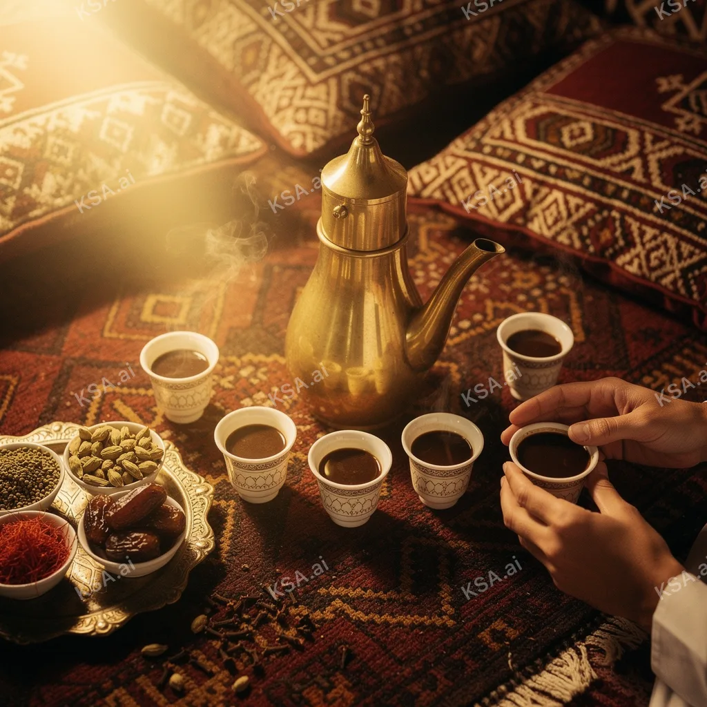 Saudi coffee ceremony with a brass dallah and small fenjan…