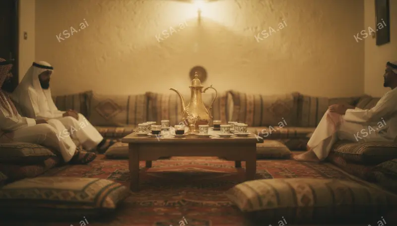 Saudi coffee ceremony with a brass dallah and small fenjan…