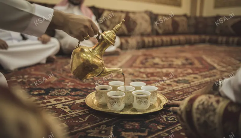 Saudi coffee ceremony with a brass dallah and small fenjan…