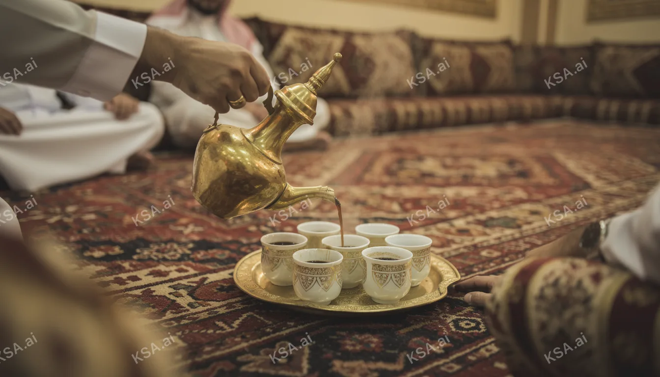 Saudi coffee ceremony with a brass dallah and small fenjan…
