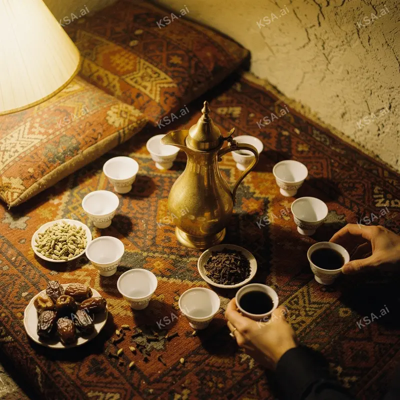 Saudi coffee ceremony with a brass dallah and small fenjan…