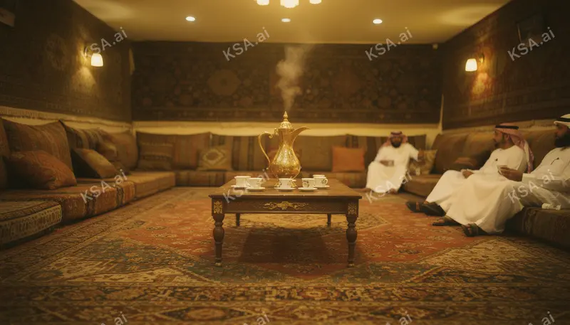Saudi coffee ceremony with a brass dallah and small fenjan…