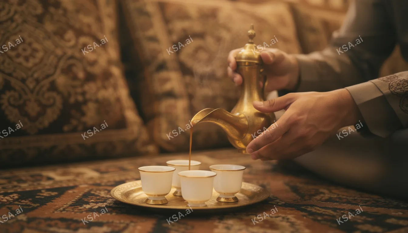 Saudi coffee ceremony with a brass dallah and small fenjan…