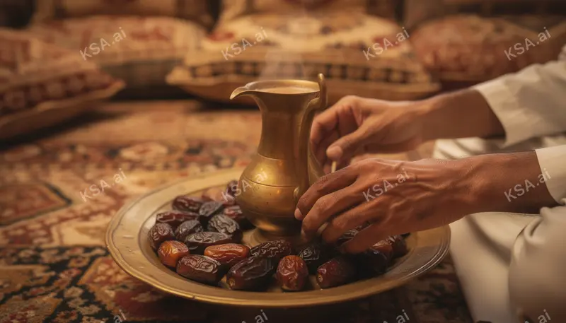 Saudi coffee ceremony with a brass dallah and small fenjan…