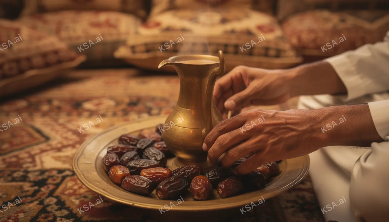 Saudi coffee ceremony with a brass dallah and small fenjan…