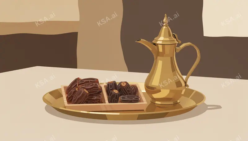 Saudi coffee ceremony with a brass dallah and small fenjan…