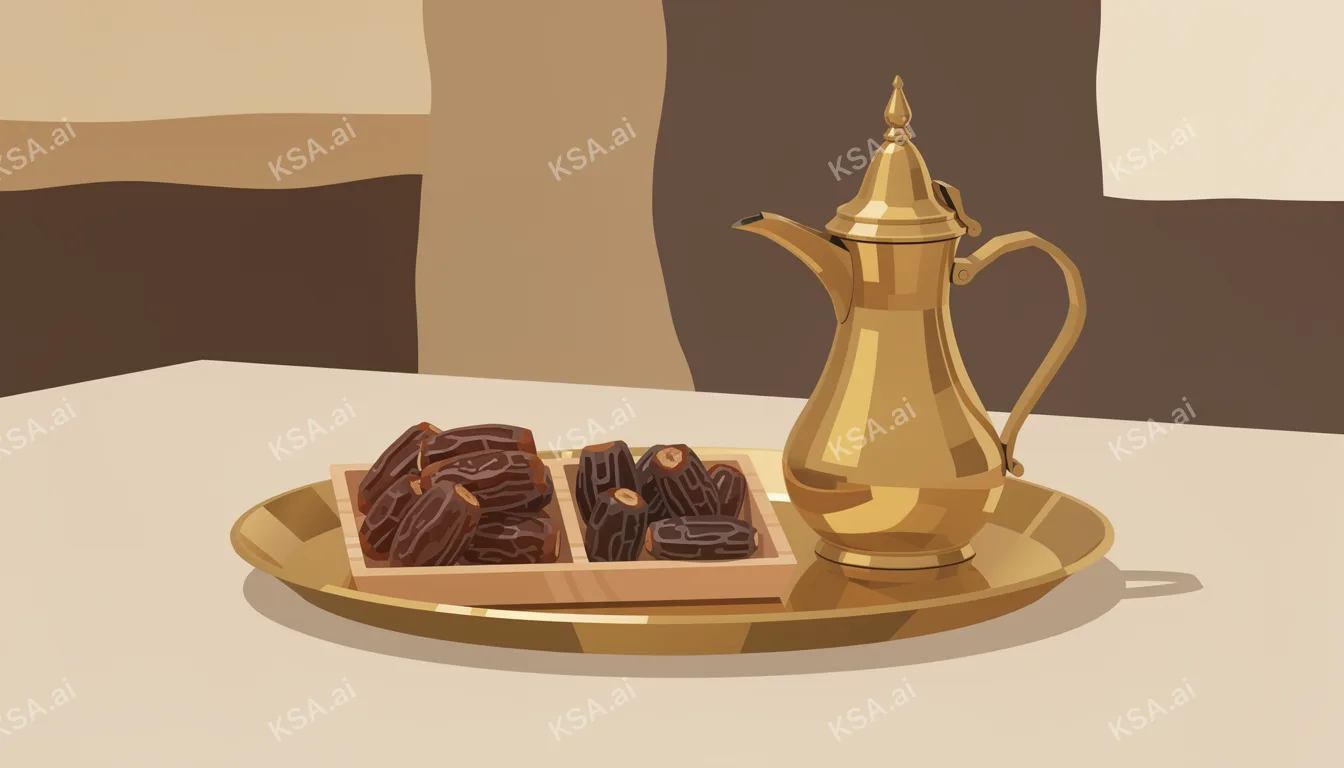 Saudi coffee ceremony with a brass dallah and small fenjan…
