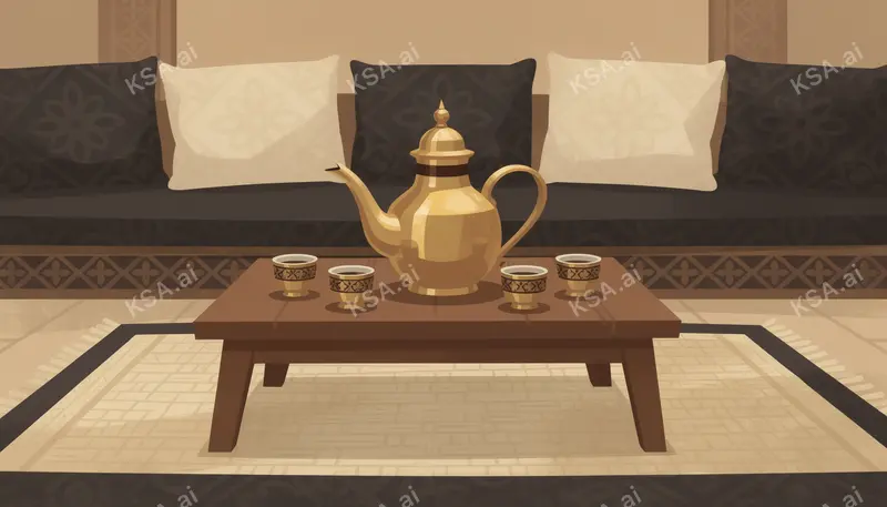 Saudi coffee ceremony with a brass dallah and small fenjan…