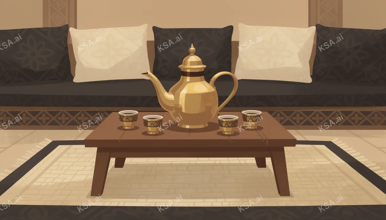 Saudi coffee ceremony with a brass dallah and small fenjan…