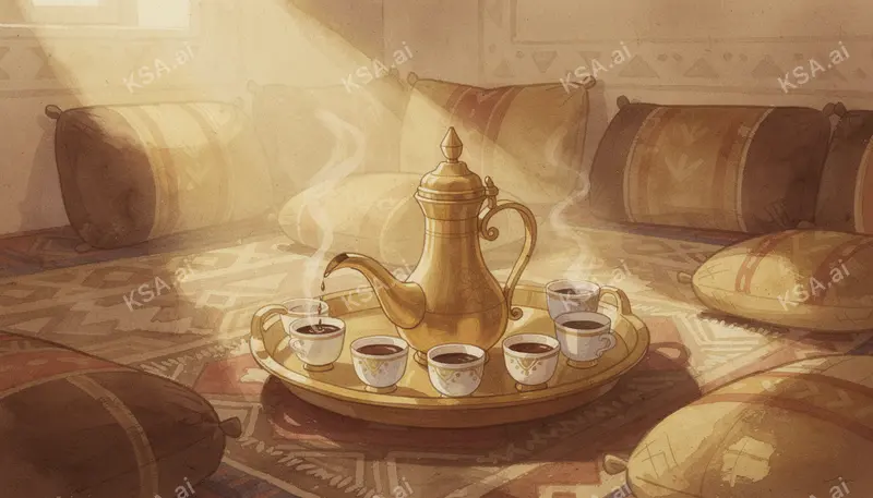 Saudi coffee ceremony with a brass dallah and small fenjan…