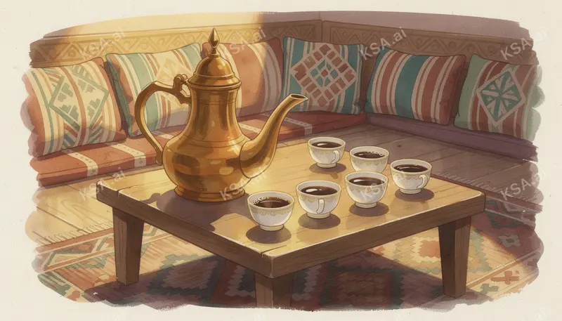 Saudi coffee ceremony with a brass dallah and small fenjan…
