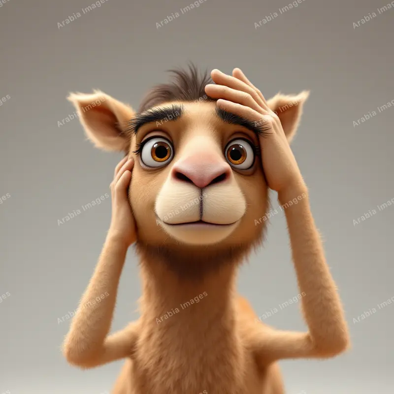 3D Cartoon Camel Clutching Its Head with Both Hands on Grey