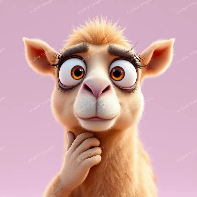 3D Cartoon Camel Pondering with a Hand on Its Chin on Pink