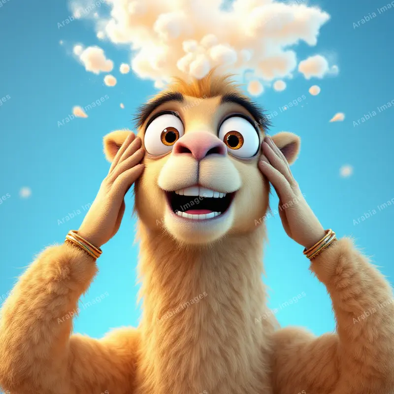 3D Cartoon Camel with a Mind-Blown Puff of Smoke Above Its Head