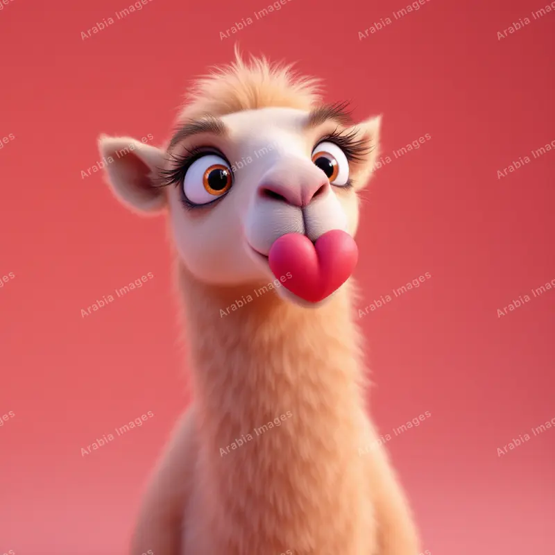 3D Cartoon Camel Blowing a Heart-Shaped Kiss on Red