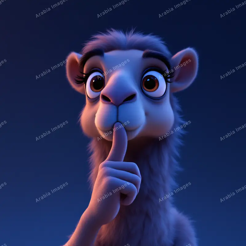 3D Cartoon Blue Camel Holding a Finger to Its Lips