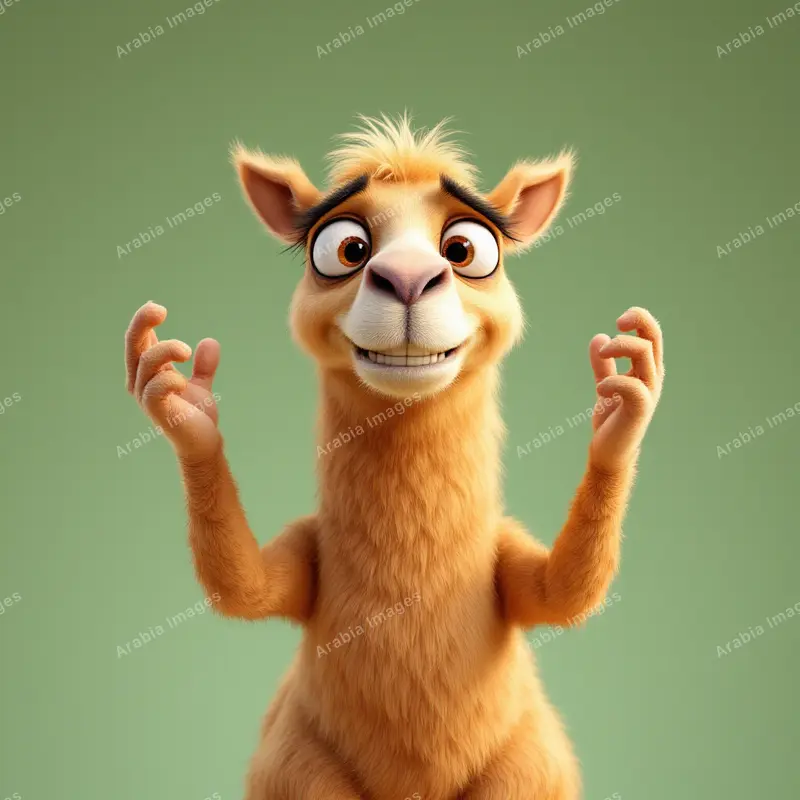 3D Cartoon Camel Grinning with Both Hands Raised on Sage Green