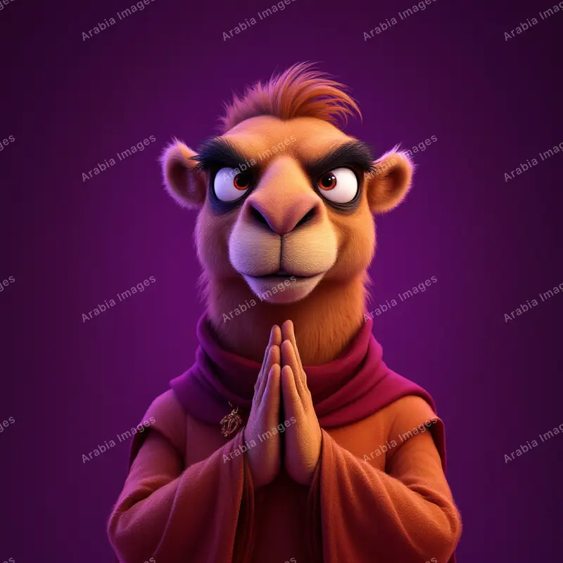 3D Cartoon Camel in a Maroon Robe with Palms Pressed Together