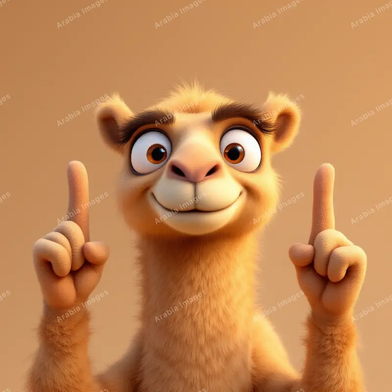 3D Cartoon Camel Pointing Both Fingers Up with a Big Smile