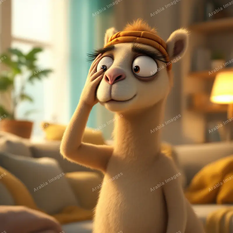 3D Cartoon Camel in a Headband Rubbing Its Eye in a Living Room