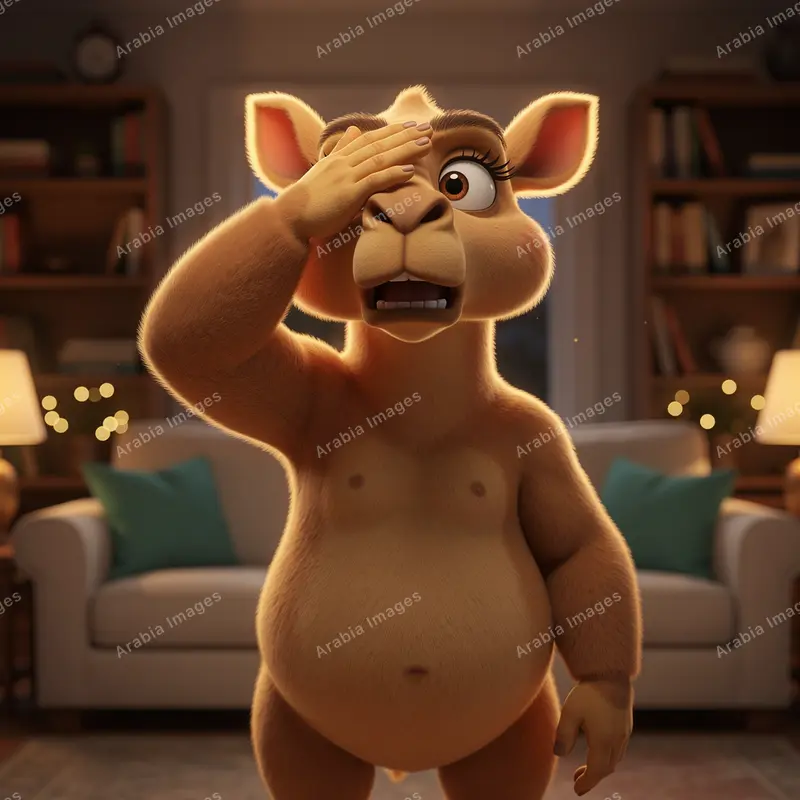 3D Cartoon Plump Camel Covering Its Eyes in a Cosy Living Room