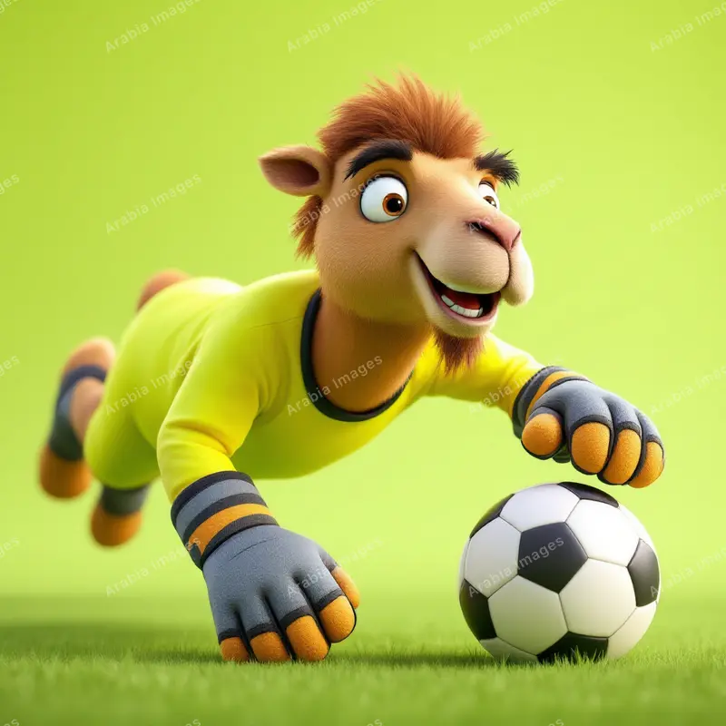 3D Cartoon Camel Goalkeeper Diving for a Football on Grass