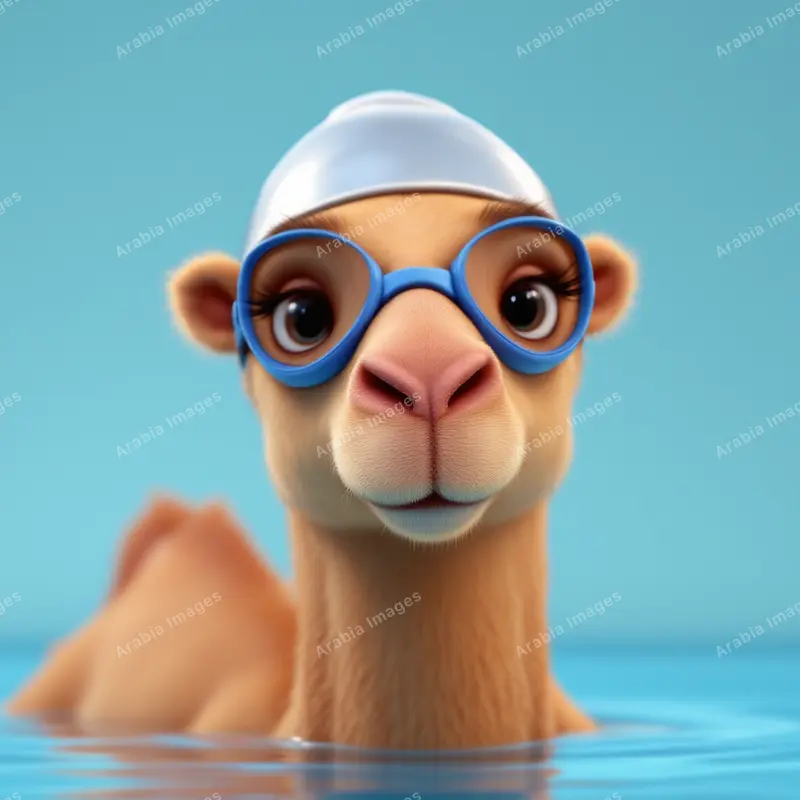 3D Cartoon Camel in a Swim Cap and Goggles in a Pool