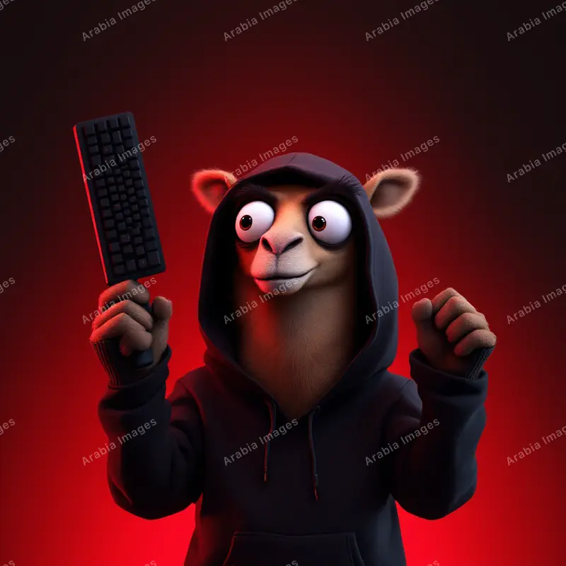 3D Cartoon Camel in a Black Hoodie Holding Up a Keyboard