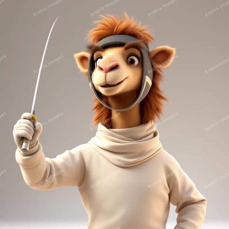 3D Cartoon Camel Fencer Raising a Foil in a White Jacket